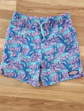 Vineyard Vines Pink & Blue Fish Print Kids Swim Trunks